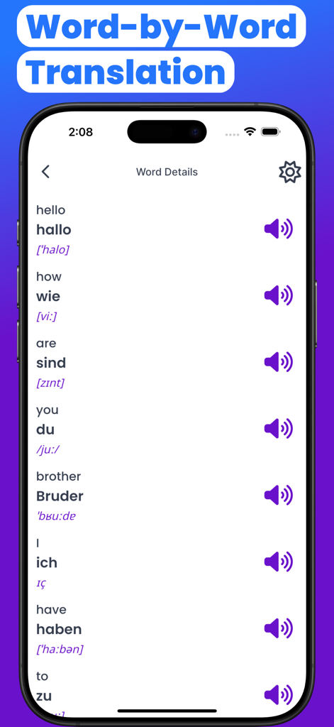 Mobile app screen showing word-by-word English to German translations with phonetic spellings and audio buttons.