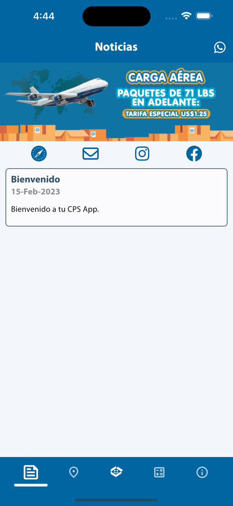 Nachrichten-Interface der CPS Courier App mit Werbeaktionen für Luftfrachtversand