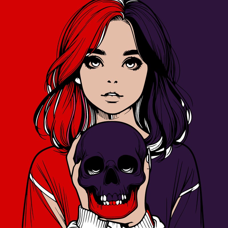 realistic girl holding a skull