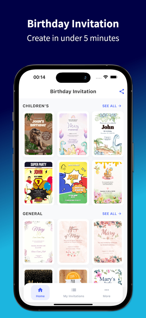 Birthday Invitation Easy 2025 - Interfaz de aplicación móvil que muestra varias plantillas de invitaciones de cumpleaños para niños y adultos