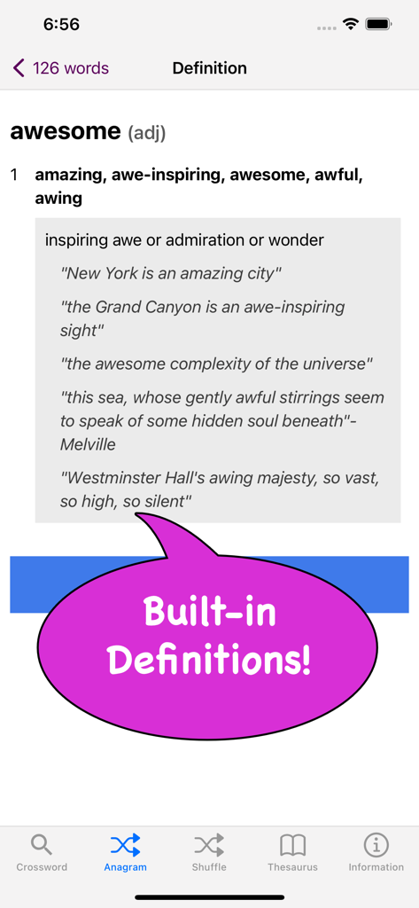 A screenshot of the Crossword and Anagram Solver app showing the built-in dictionary definition and synonyms for the word awesome
