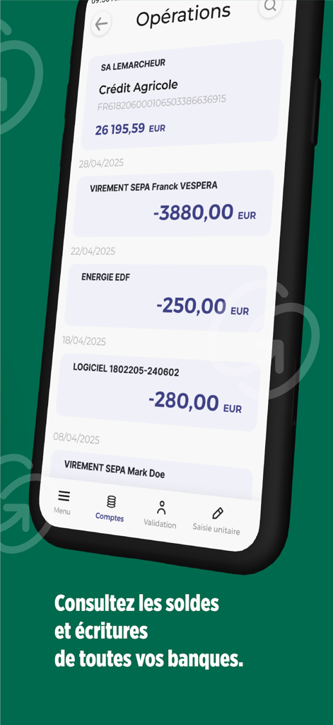 Mobile interface of the EDI Advanced app showing bank transaction history and account balance for business management.