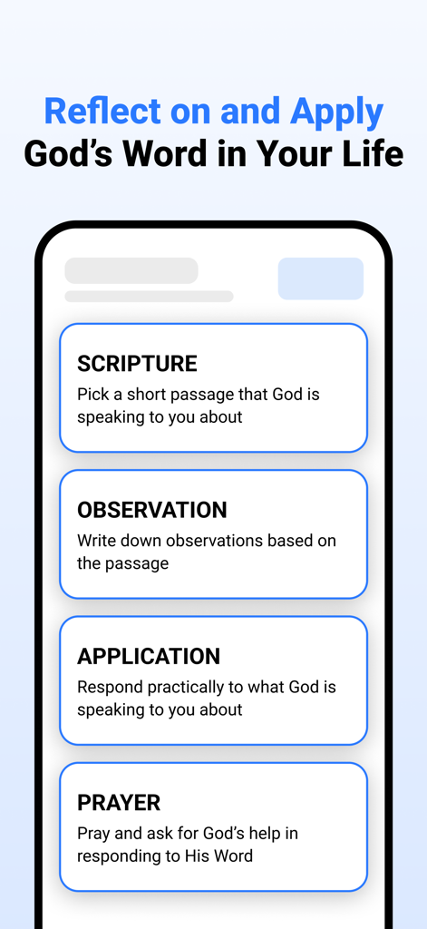 Daily SOAP - Bible reading app - Interface of the Daily SOAP app detailing the Scripture Observation Application Prayer methodology