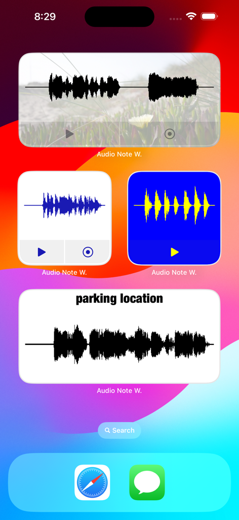 Audio Note Widget - 다양한 음성 녹음 파형과 사용자 지정 가능한 스타일을 보여주는 iPhone 홈 화면의 여러 오디오 노트 위젯