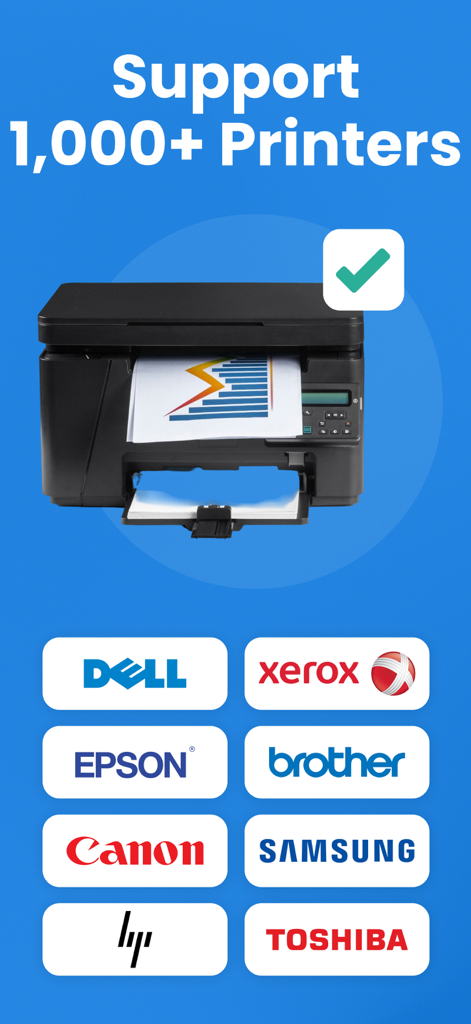 Smart Printer app interface showing support for over one thousand printers including brands like HP Canon Epson and Brother