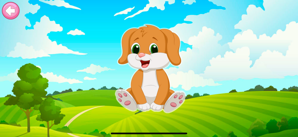 Piano Kids - Animal Sounds - Un lindo conejito de dibujos animados en un campo verde de la aplicación de sonidos de animales de Piano Kids.