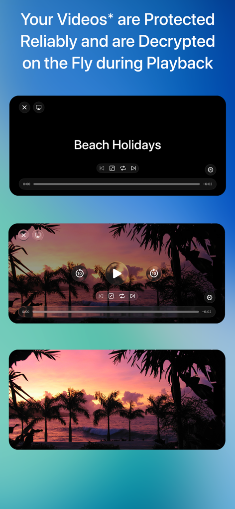 Safe +  Password Manager - Safe plus App-Oberfläche zeigt geschütztes Video-Playback eines tropischen Sonnenuntergangs