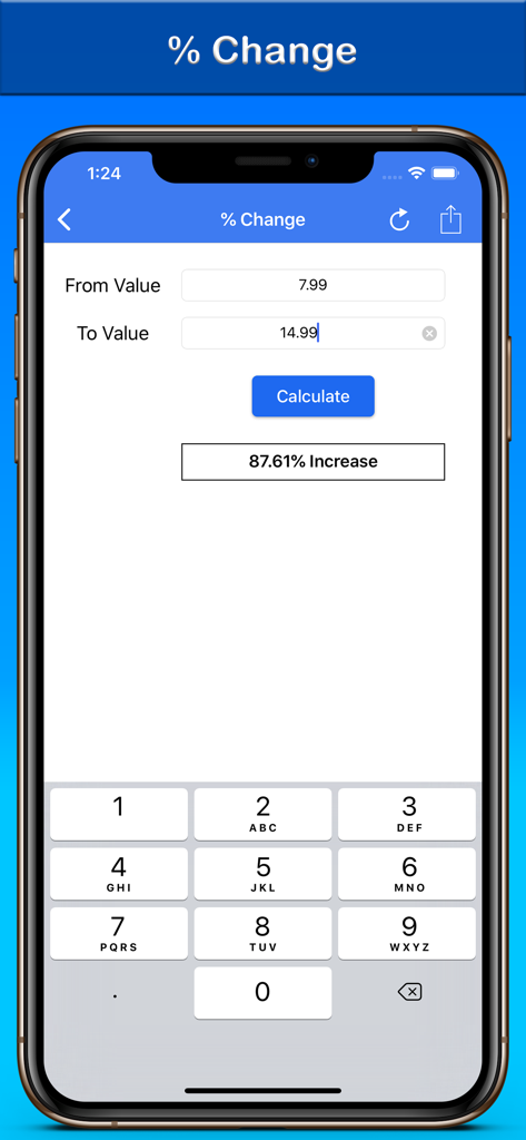 % Percentage Calculator - Screenshot of the Percentage Calculator app interface displaying a percent change calculation
