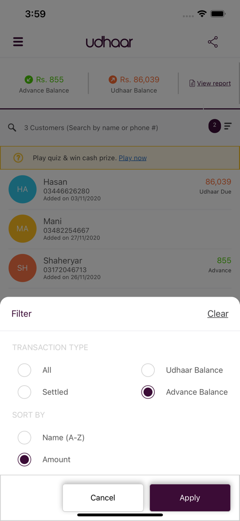 Udhaar Book – Digi Khata Book - Filter and sort options in the Udhaar Book digital ledger app