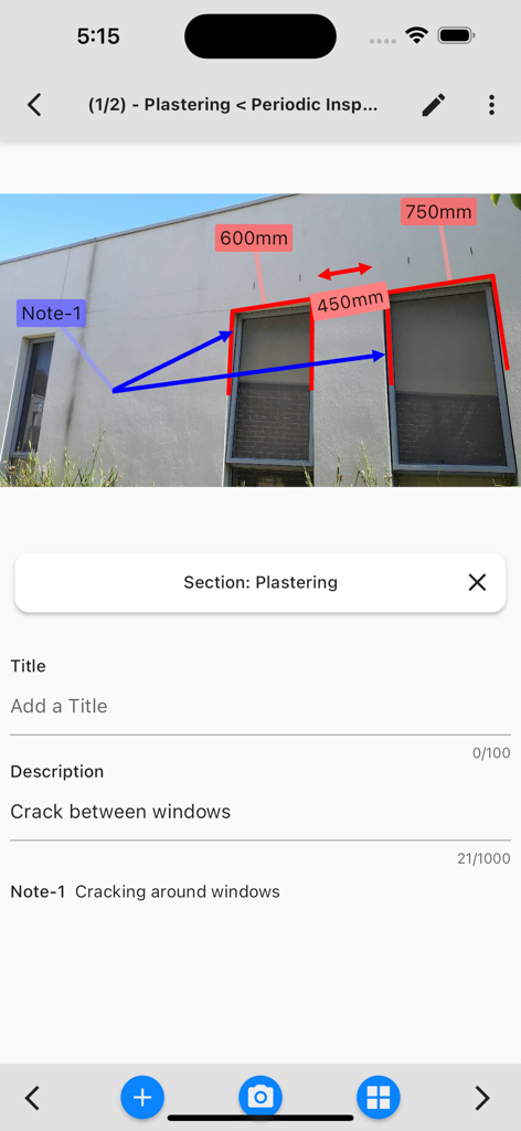 Mobile app screen showing a photo of a building with red and blue annotations and descriptive text for a construction inspection report