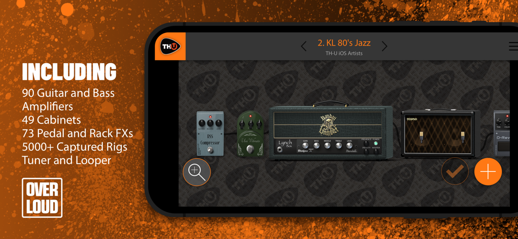 Overloud THU - Interfaz de la app Overloud TH-U que muestra una cadena de señal de guitarra con amplificador Randall y pedales de efectos