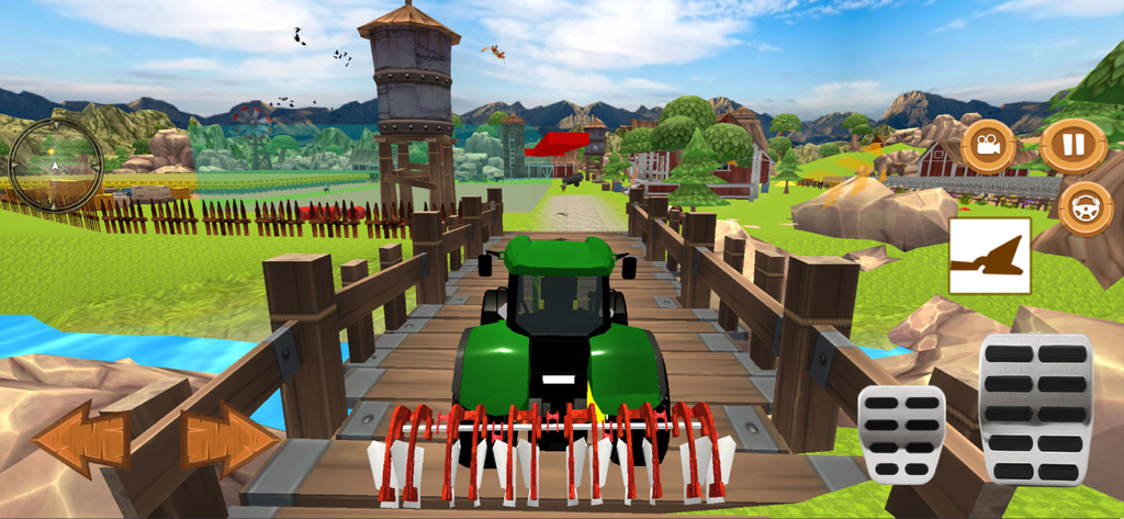 Real Farming Tractor 3D - Un tractor verde con un accesorio de arado conduciendo sobre un puente de madera en un juego de simulación de granja.