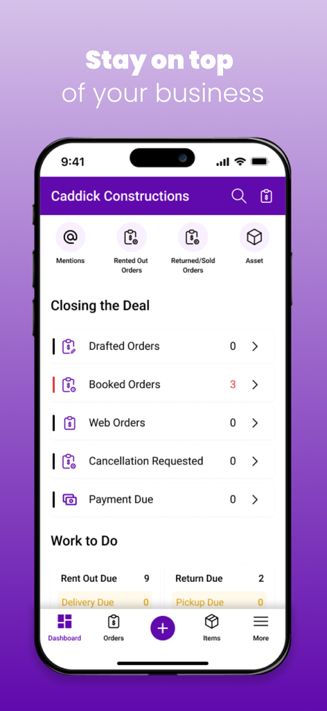EZRentOut - EZRentOut mobile app dashboard displaying rental order statuses and operational tasks.
