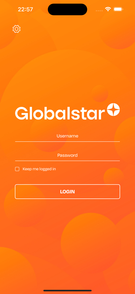 Realm App - Globalstar Realm App login screen with username and password input fields and an orange background
