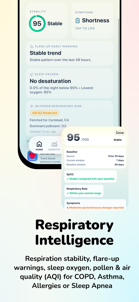 Blood Oxygen Monitor - OxyByte - OxyByte app dashboard displaying respiratory stability score flare up warnings and sleep oxygen data