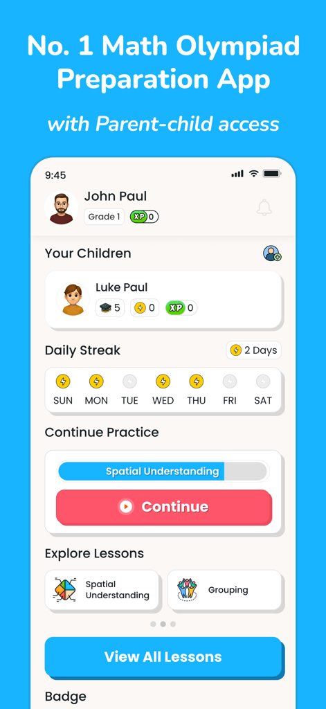 Gonit - Practice Math Olympiad - Gonit Math Olympiad preparation app dashboard showing parent child access and student progress tracking