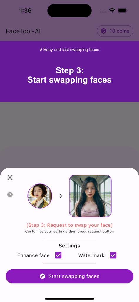 Interface do aplicativo FaceTool mostrando o passo final para iniciar uma troca de rosto com IA entre duas fotos