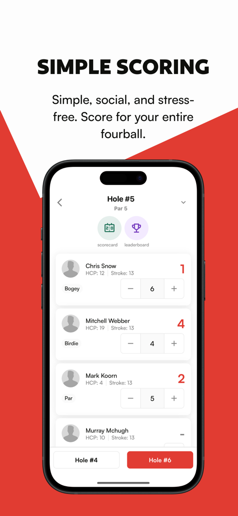 Putt - Putt app interface showing simple golf scoring for a group of players on a mobile device