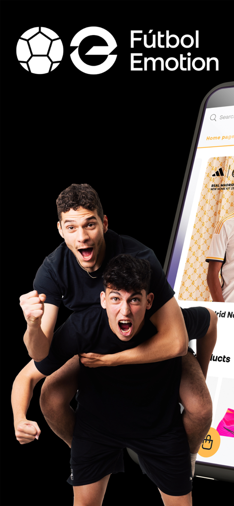 Fútbol Emotion - Two young men celebrating in front of the Futbol Emotion mobile app screen