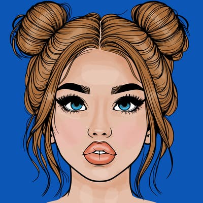 realistic girl with two buns on her hair and lips