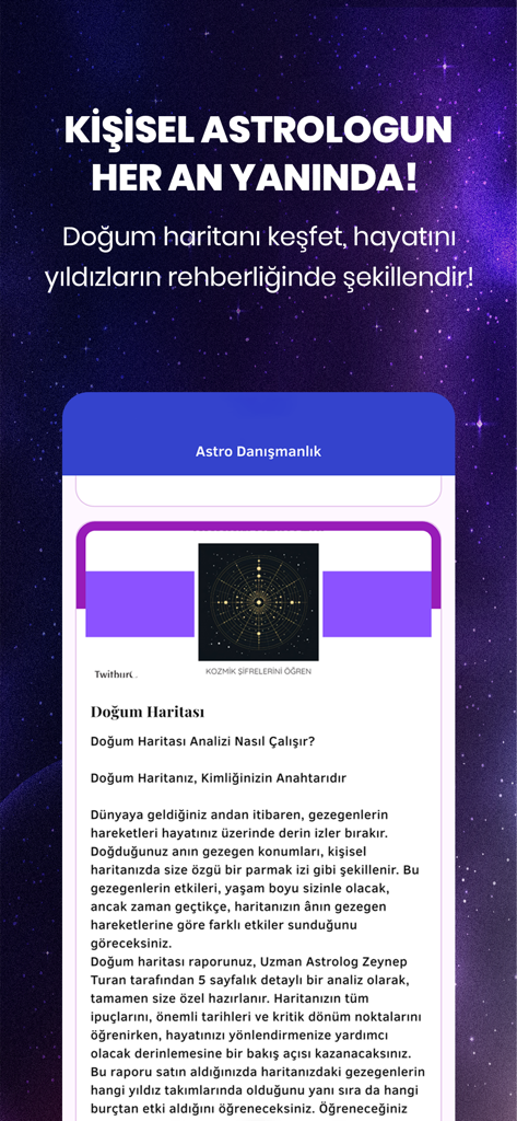 Twitburc: Astroloji & Burçlar - Mobile app screen for Twitburc showing birth chart analysis and personal astrology consultancy in Turkish