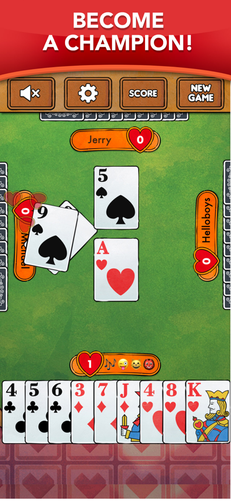 Hearts - Card Game Classic - Gameplay of Hearts Classic card game showing large readable cards on a green table.