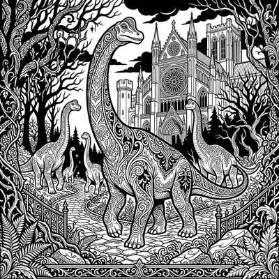 Journey to a fantastical realm where ancient giants roam amidst a darkly elegant landscape. This intricate coloring page blends the majesty of Brachiosaurus herds with the mysterious beauty of Gothic architecture and ornate patterns.