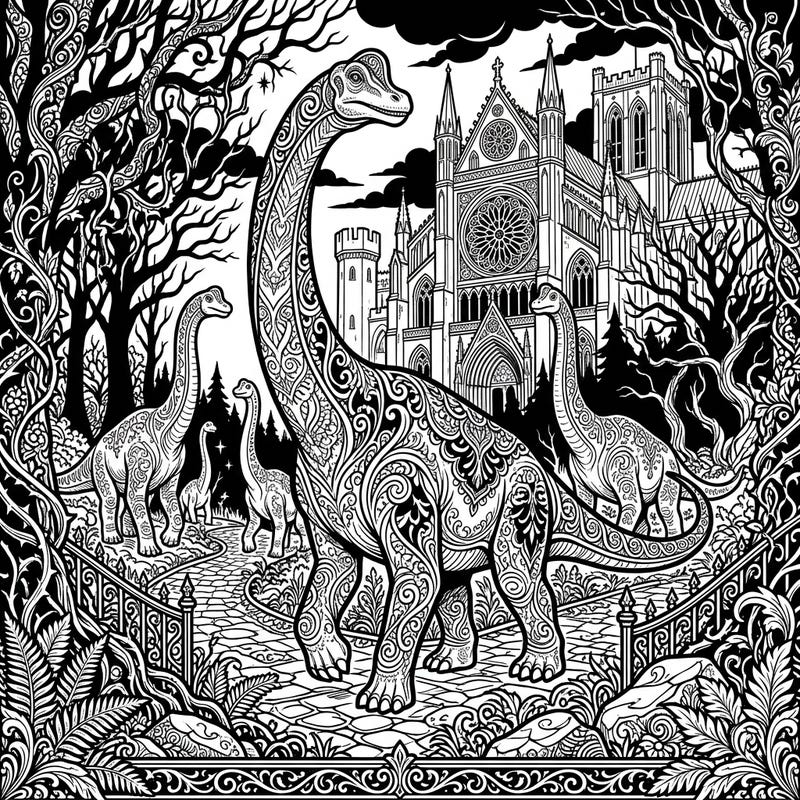 Journey to a fantastical realm where ancient giants roam amidst a darkly elegant landscape. This intricate coloring page blends the majesty of Brachiosaurus herds with the mysterious beauty of Gothic architecture and ornate patterns.
