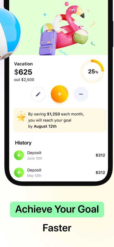 Interfaz de meta de ahorro en la aplicación Monthly Budget Planner que muestra un fondo de vacaciones con una barra de progreso e íconos 3D