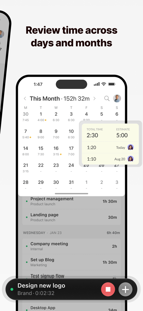 Everhour - Everhour mobile App Benutzeroberfläche, die eine monatliche Kalenderansicht zur Überprüfung von erfassten Arbeitsstunden und Projektaufgaben zeigt