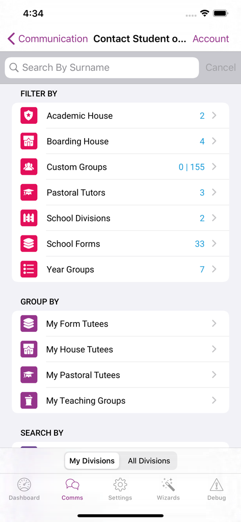 iTeacher App - iTeacher App communication screen showing student contact filters by academic house and pastoral group