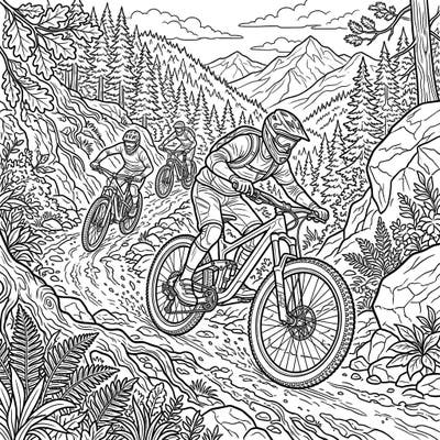 Get ready for an adrenaline rush with this detailed mountain bike coloring page, perfectly crafted for adventurous teens. Explore a dynamic scene of riders tackling rugged trails, ready for your creative touch.