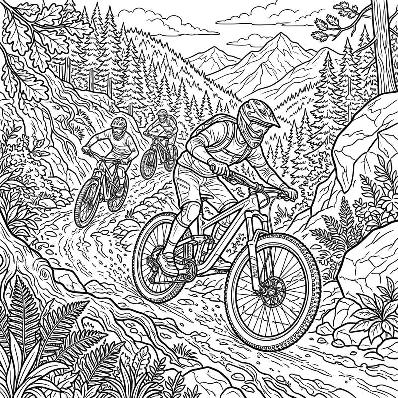 Get ready for an adrenaline rush with this detailed mountain bike coloring page, perfectly crafted for adventurous teens. Explore a dynamic scene of riders tackling rugged trails, ready for your creative touch.
