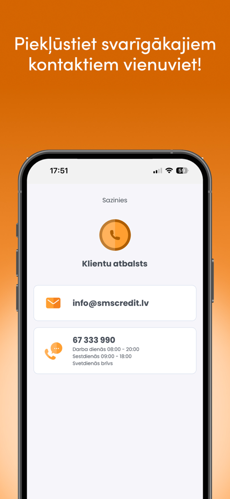 SMScredit.lv - SMScredit.lv mobile app contact page showing customer support phone and email