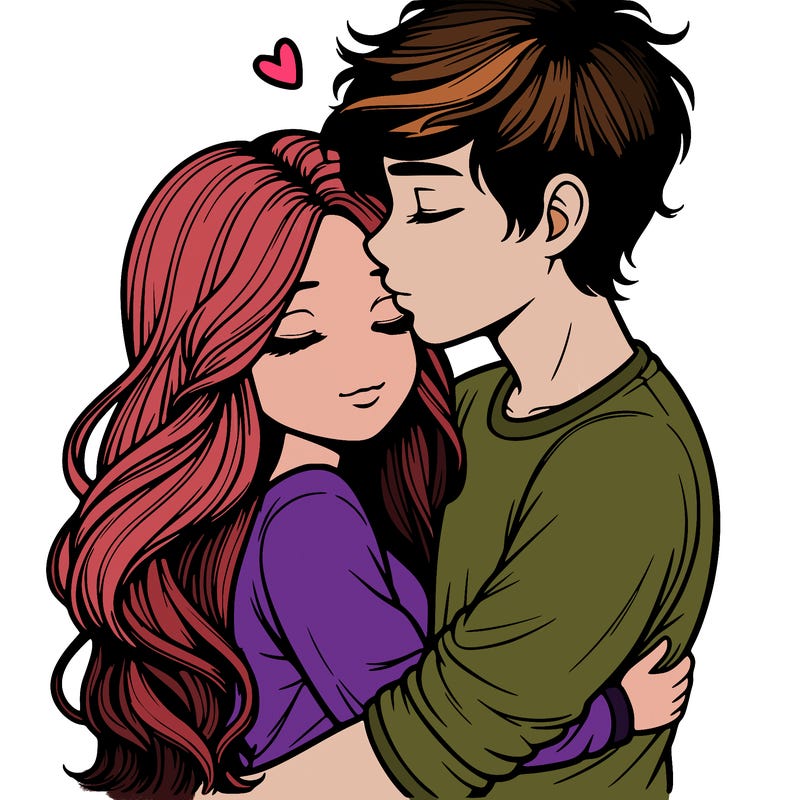 a realistic couple boy and girl hugging and kissing