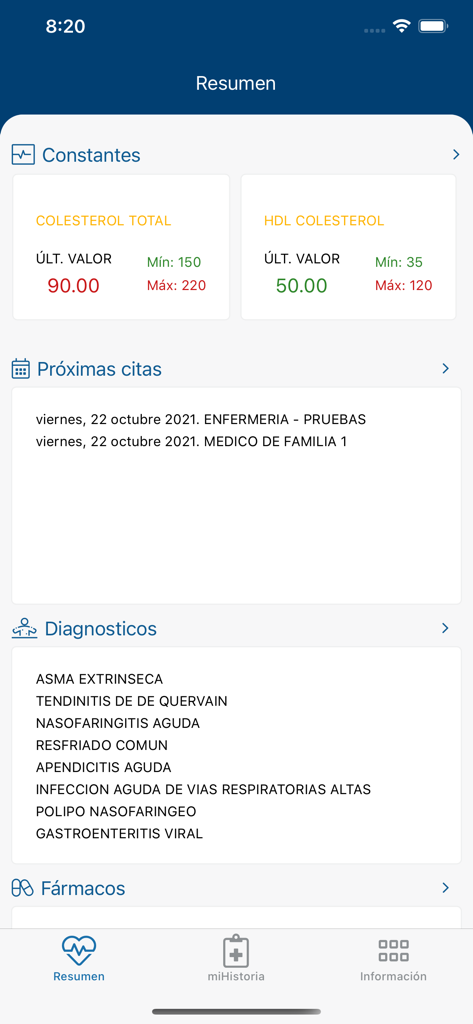 Panel móvil de la aplicación miHistoria que muestra constantes de salud, próximas citas médicas y diagnósticos activos.