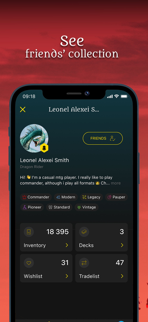 Un écran d'application mobile montrant le profil de collection MTG d'un ami avec l'inventaire et les statistiques de deck