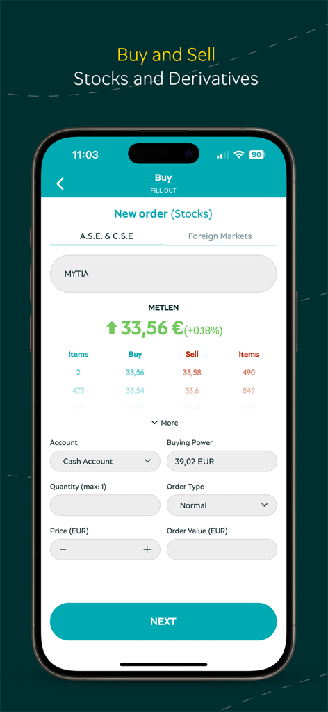 Piraeus SEC - Piraeus SEC mobile app interface for buying stocks and derivatives