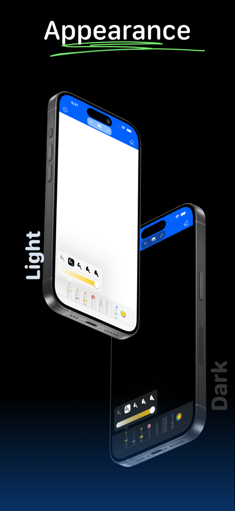 Light and dark mode appearance of the Casual Whiteboard app interface on iPhone showing sketching tools