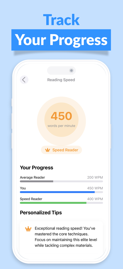 Speed Readingo: Read Faster - A progress tracking screen in the Speed Readingo app displaying a reading speed of 450 words per minute with comparison bars and personalized tips.