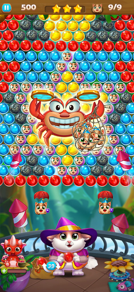 Bubble Island - Bubble Shooter - Gameplay di Bubble Island che mostra un personaggio gatto strega che spara bolle colorate in un livello puzzle.