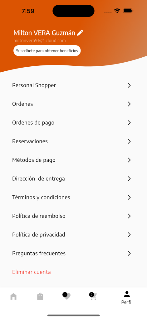 Ecuadelivery - Profilseite in der Ecuadelivery App, die Kontoeinstellungen und Bestellverlaufoptionen anzeigt.