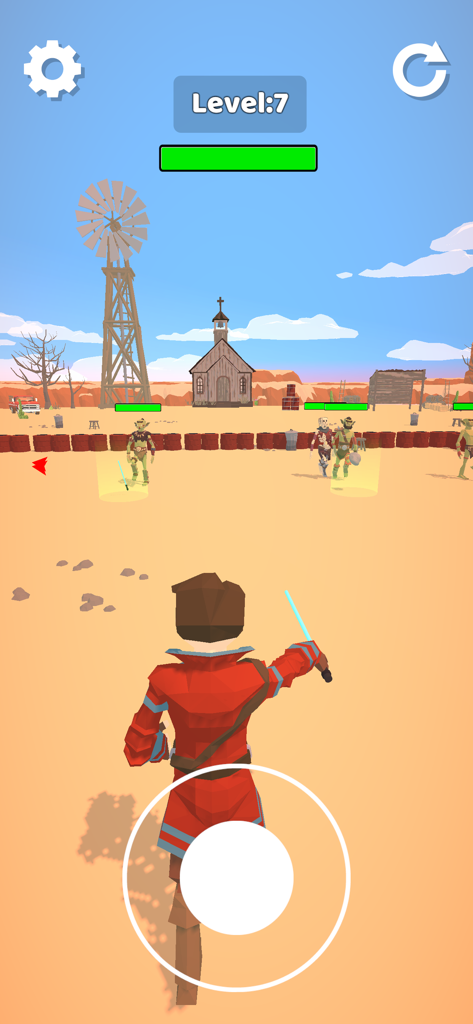 Ragdoll Arena - A low poly character with a blue sword facing enemies in a desert arena at level 7