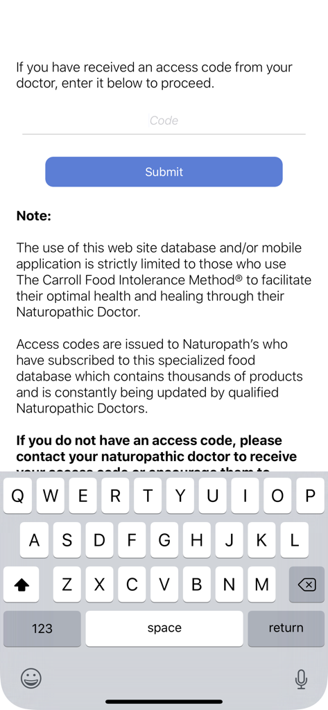 Carroll Food Intolerance - Access code entry screen for the Carroll Food Intolerance Method app