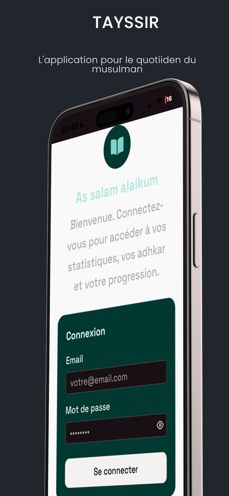 Tayssir Islamic app login screen on an iPhone showing a welcome message and sign-in form