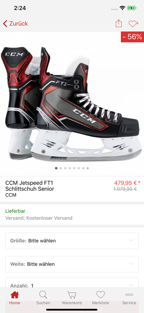 Página de producto de patines de hockey sobre hielo CCM Jetspeed FT1 Senior en la app móvil HPs Sport Shop con un descuento del 56 por ciento