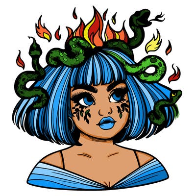 a plus size girl with short hair and snakes coming off her head like medusa, and flames in her eyes, beautiful and realistic