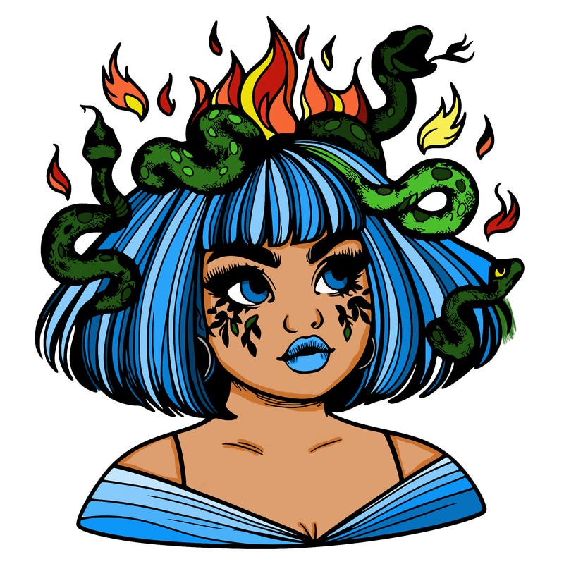 a plus size girl with short hair and snakes coming off her head like medusa, and flames in her eyes, beautiful and realistic