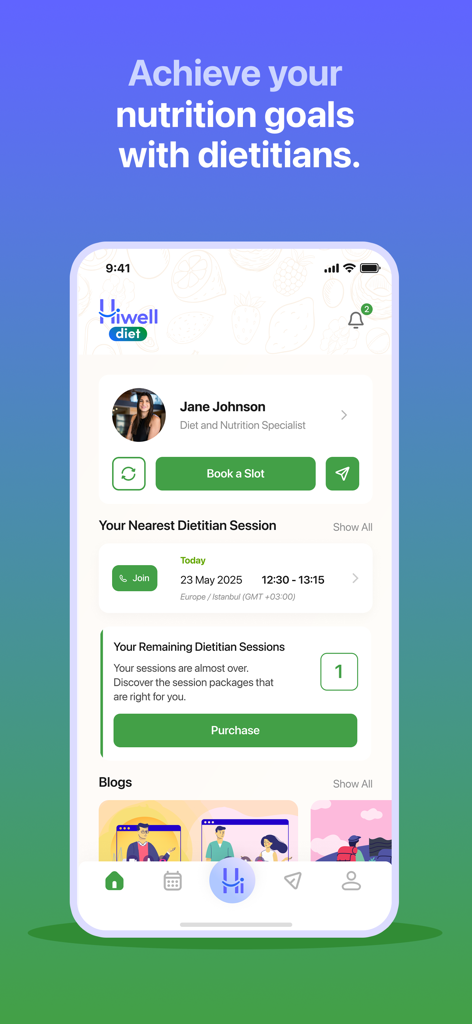 Hiwell Therapy & Mental Health - オンライン栄養士セッションの予約と栄養目標の管理のためのHiwellアプリのモバイルインターフェース