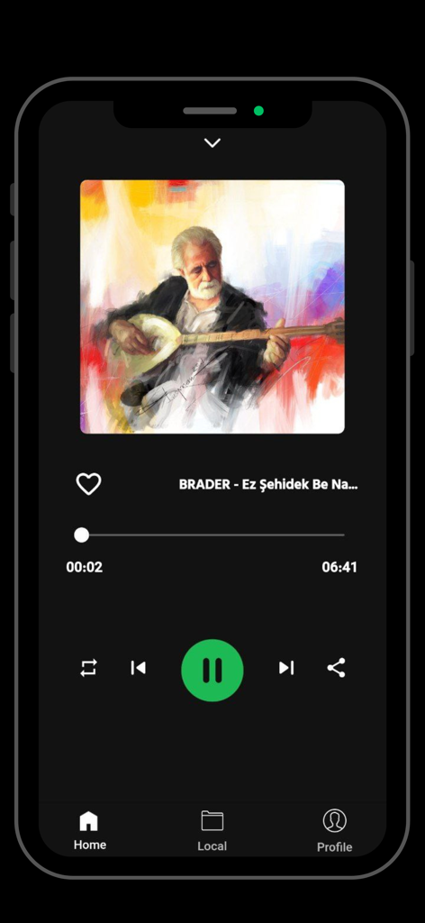 Dilan: Kurdish Music - Dilan Kurdish Music app player interface featuring a traditional song with album art and playback controls on a dark background